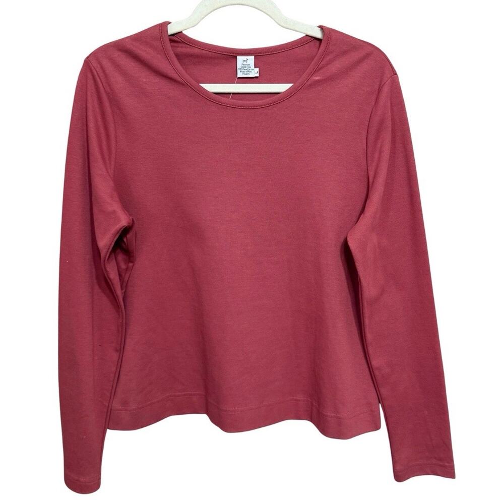 Peruvian Connection Pima Cotton Jewel Neck Top Size L Rose Pink Tee NEW FLAW
